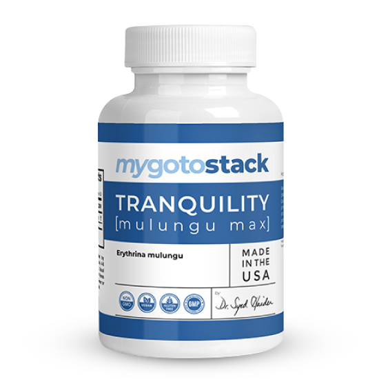 Tranquility Mulungu Max supplement bottle.