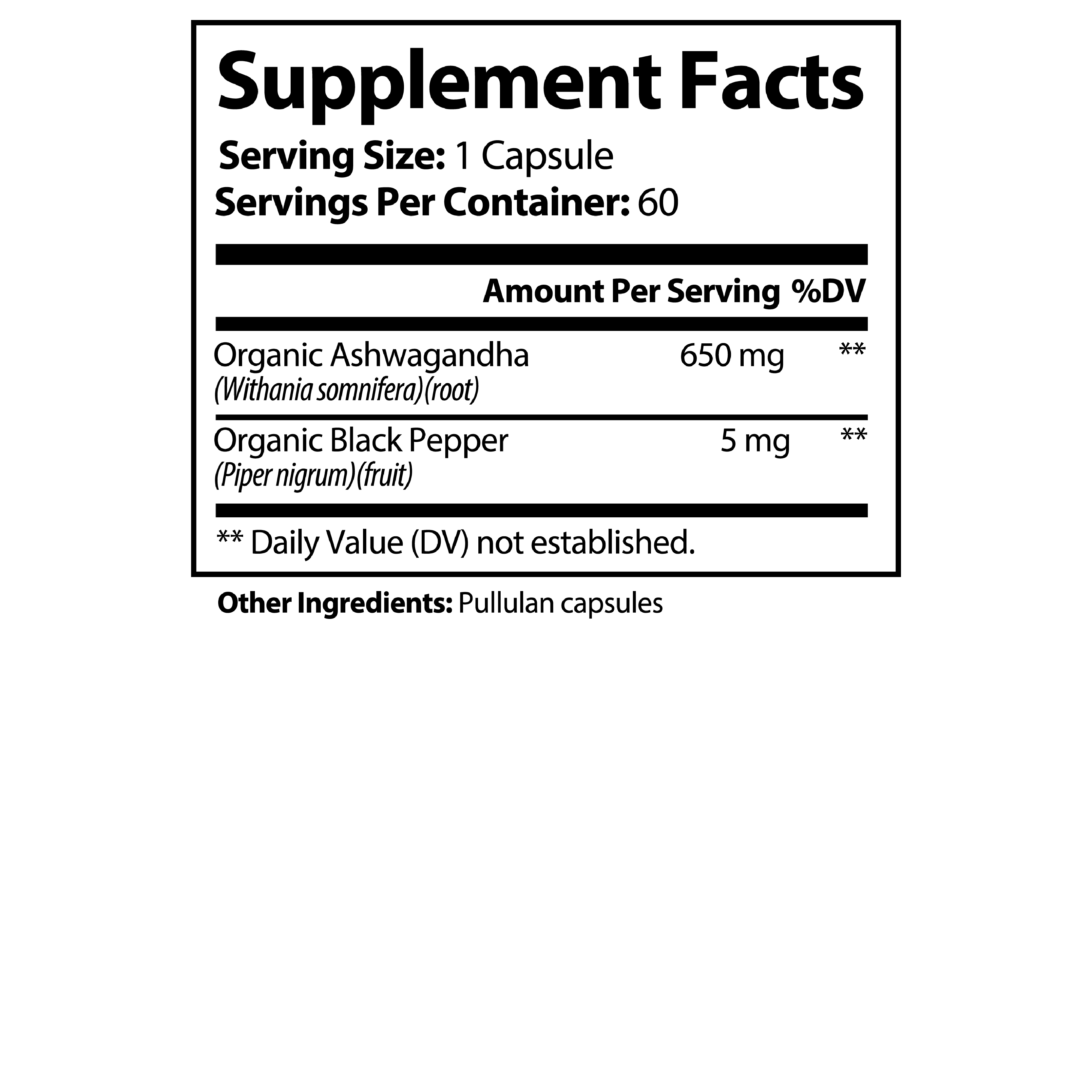 Relax Ashwganda supplement facts and usage instructions.