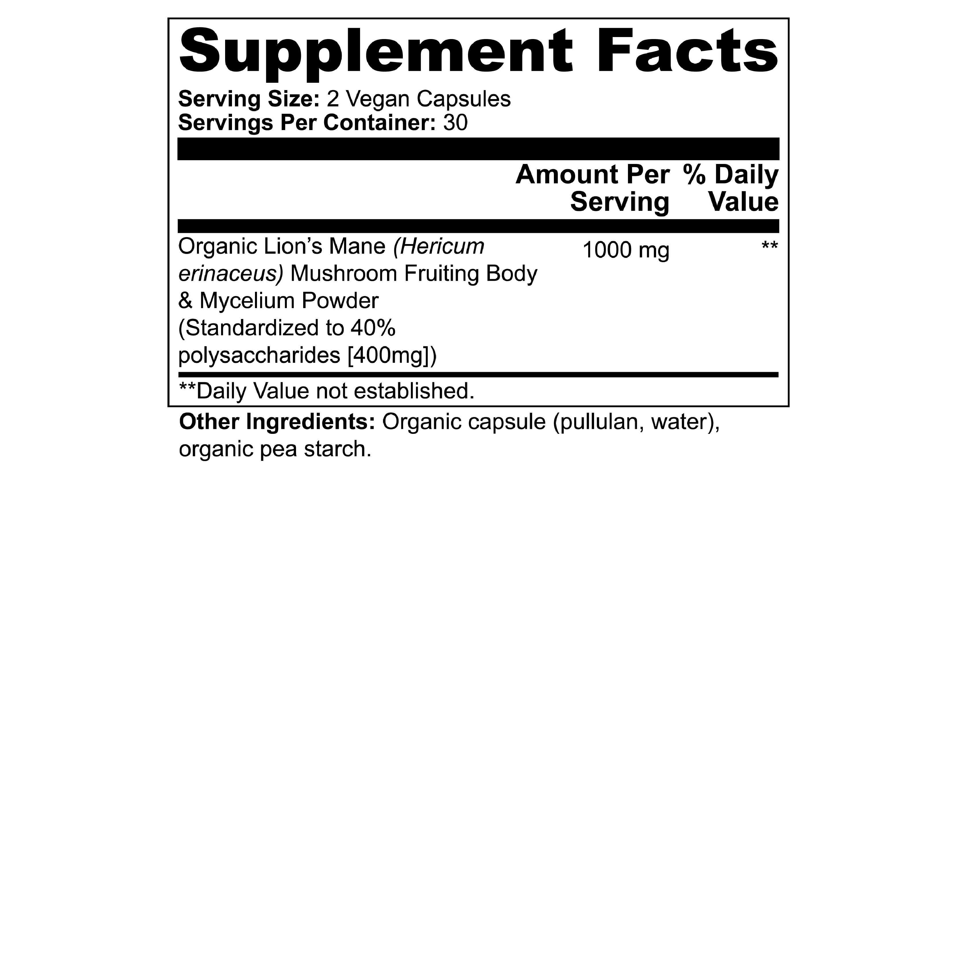 Mushrooms Lions mane supplement facts and usage instructions.