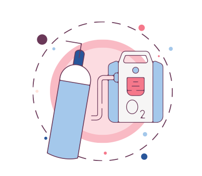 Illustration of an oxygen concentrator, shown in connection with prescription access for respiratory support.